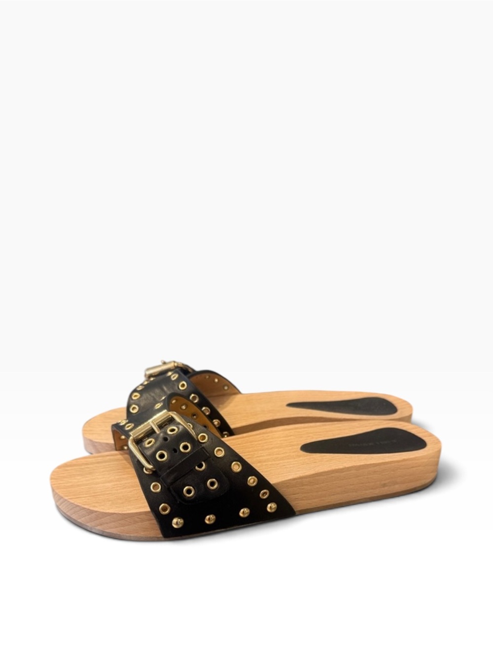 Isabel Marant Black Leather Grommet Buckle Wood-Effect Slide Mules - Picture 2 of 6
